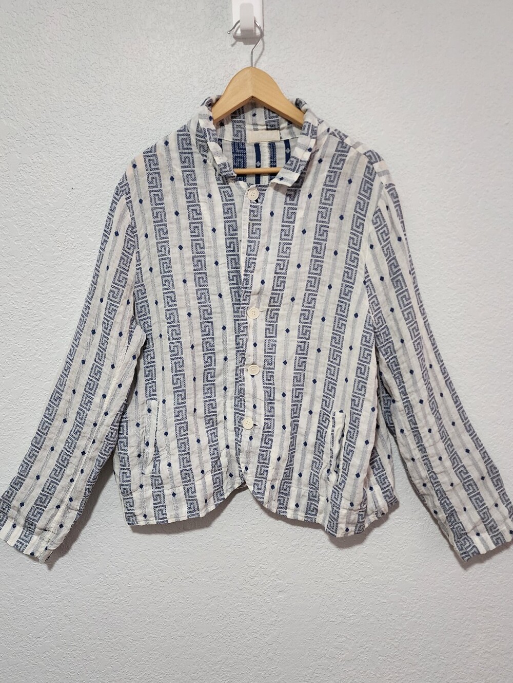 CP Shades Women Boho Greek Key Striped Button Front Jacket Cardigan Linen Large